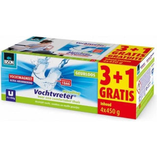 Bison Moisture Absorber® Magnet 450g 3+1 gratis – parfümfreie Nachfüllung für Moisture Absorber® Gerät, 4x 450 g, gegen hohe Luftfeuchtigkeit im Wohnbereich, auch für Wohnwagen und Wohnmobile geeignet