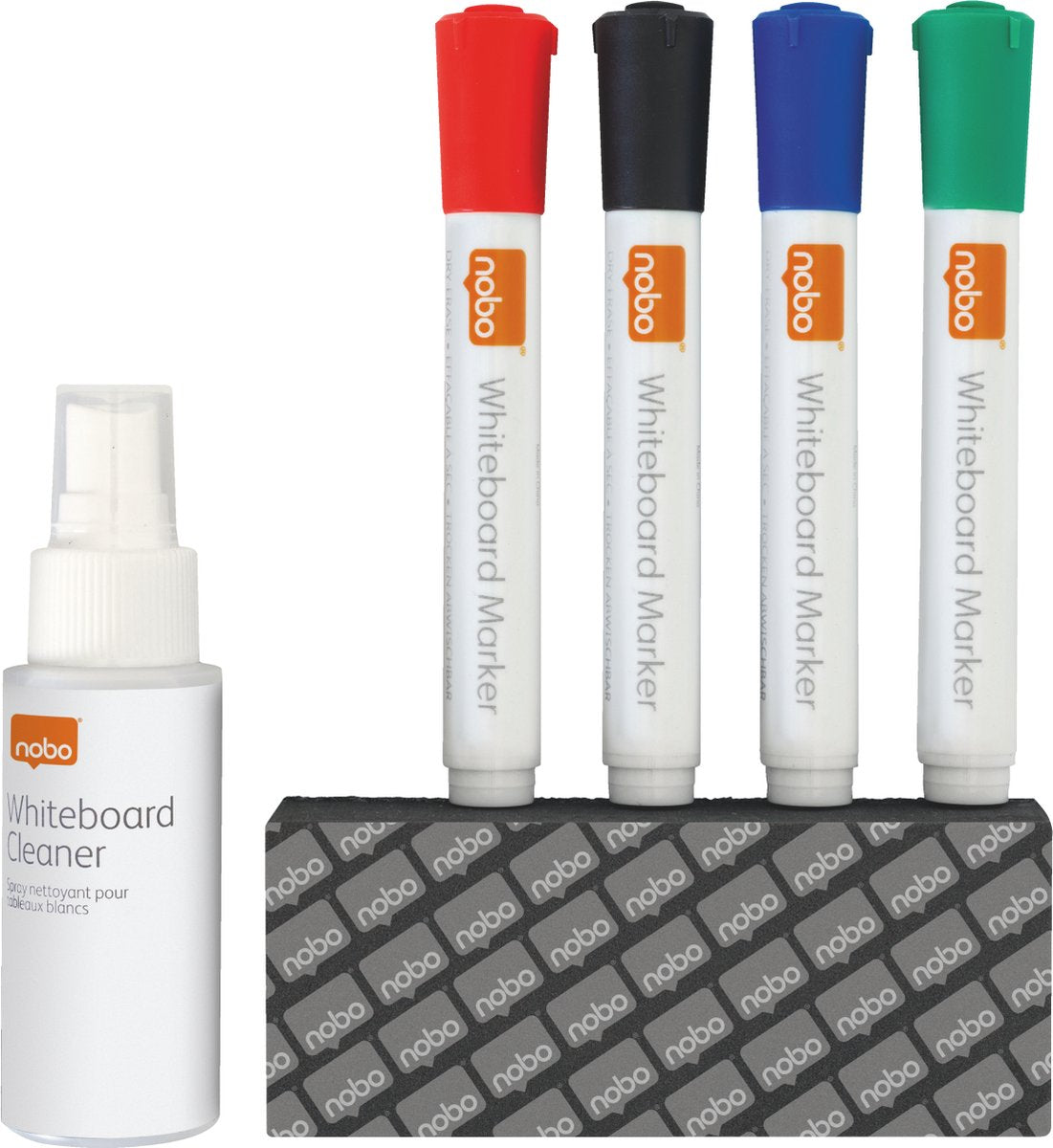 Nobo Whiteboard-Trockenreinigungs-Starterset – 1 Spray – 4 Marker – 1 Radiergummi