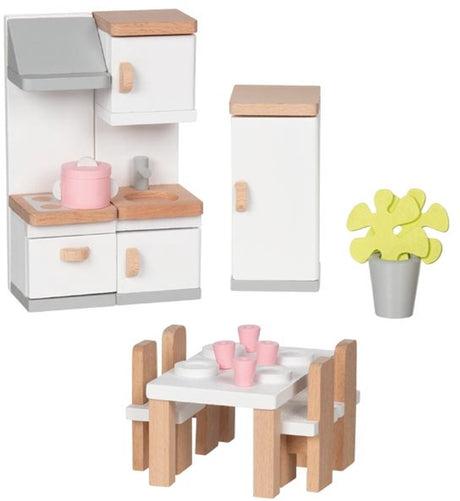 Goki Puppenhausmöbel: Designerküche, 20-teilig, 10x6,5x5cm (Tisch), Buchenholz und Stoff, 3+