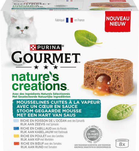 Gourmet Nature's Creations Mousse – Katzenfutter Nassfutter – Herz aus Soße – Huhn, Rind, Kabeljau, Seefisch – 48 x 85 g