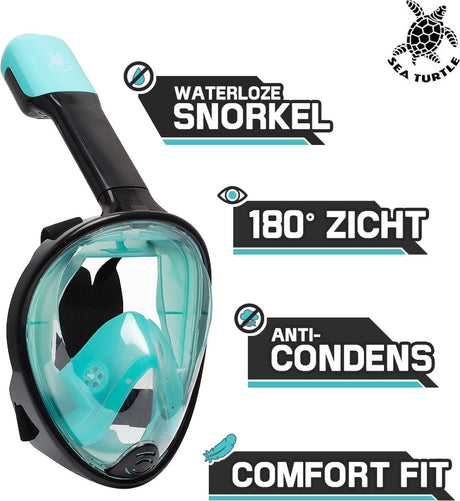 Schnorchelmaske Meeresschildkröte - Schnorchel - Taucherbrille - Schnorchelset - Vollgesichtsmaske - Erwachsene - Schwarz Türkis - S m