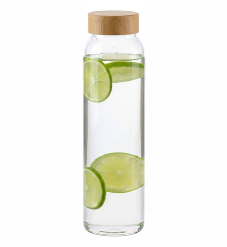 Alpina Glas Wasserflasche Trinkflasche Sportflasche - klar transparent - mit Bambusverschluss - 1000 ml