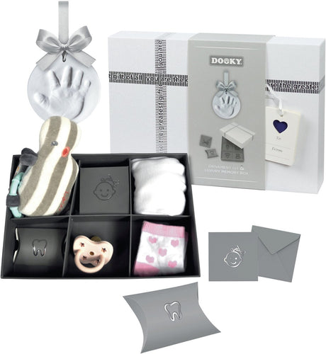 Dooky-Ornament-Set – Babyhand und Fußabdruck aus Ton mit Erinnerungsbox – hautfreundlich, einfach herzustellen – Schwangerschaft oder Geschenk