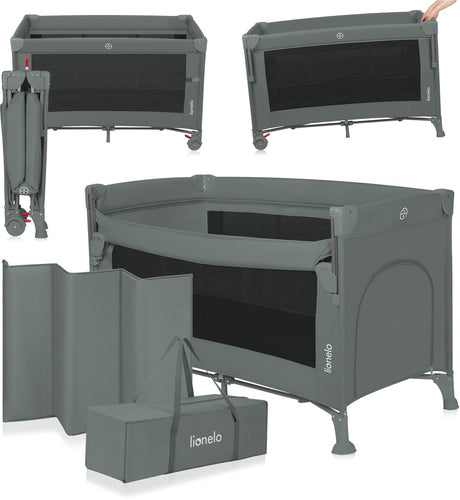 Lionelo Ellen Reisebett 3 in 1 – Beistellbett, Baby-/Kleinkindbett – Beistellbett – Campingbett – 2 Matratzenpositionen – klappbar – Rollen mit Bremse – inklusive Tragetasche – bis 15 kg