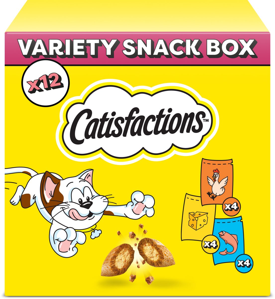 Katzensnacks von Catisfactions – verschiedene Snackbox – Hähnchen-Käse-Lachs – 12 x 60 g