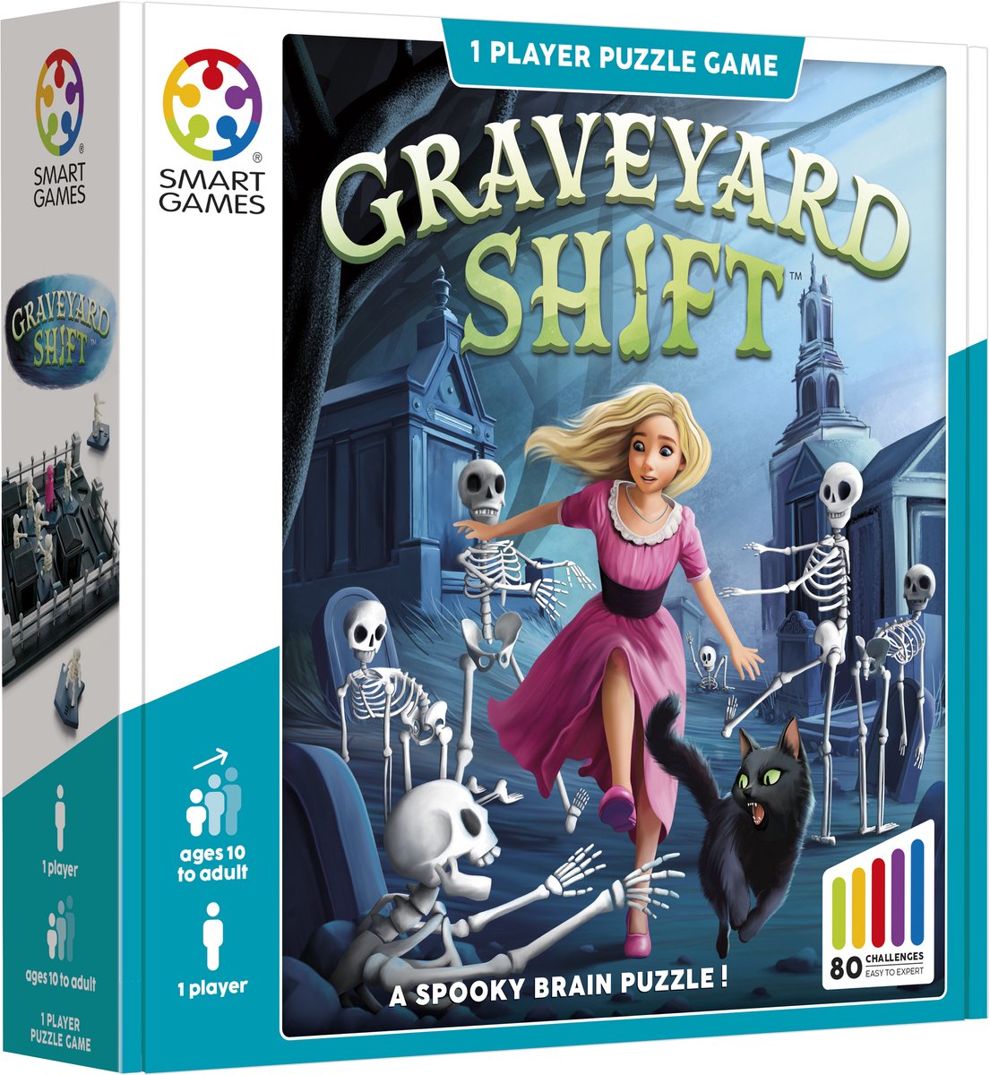 Smartgames Graveyard Shift – logisches Denkspiel – 80 gruselige lustige Herausforderungen – Gothic-Schiebepuzzle-Solospiel – ab 10 Jahren