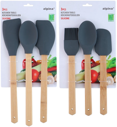 Alpina Kitchen Tools 2as 3-teiliges Silikon – Küchenutensilien-Set aus Bambus und Kunststoff – zum Aufhängen – Silikon-Kochgeschirr-Set – für den täglichen Küchengebrauch geeignet – hellbraun und dunkelgrau – 3-teilig