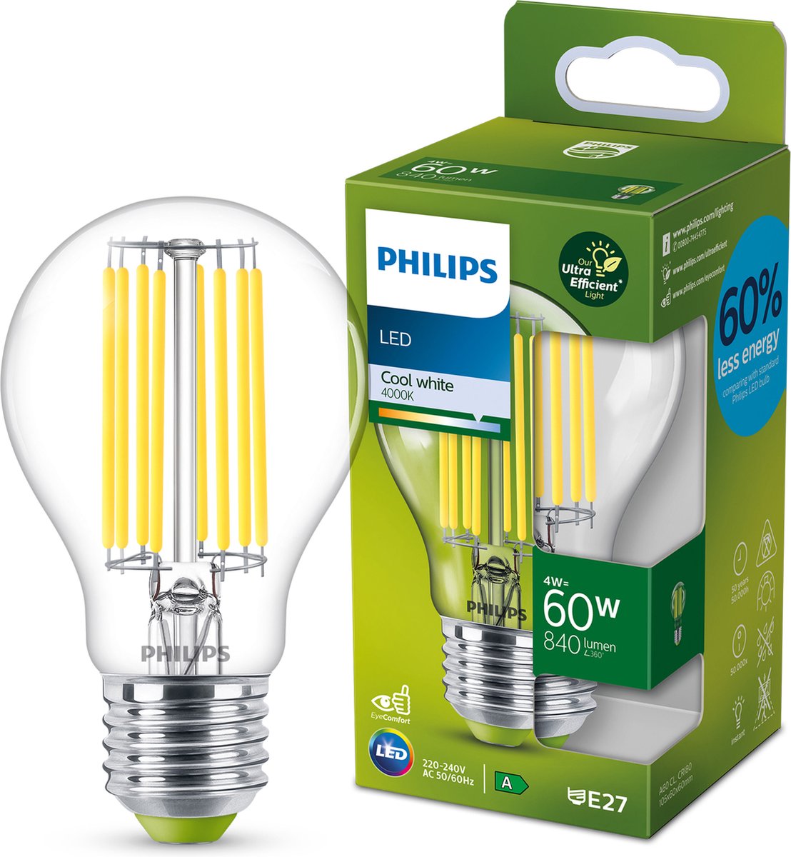 Philips led lamp transparant - 60 w - e27 - koelwit licht