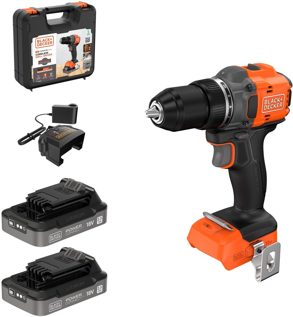 Black+Decker 18 V bürstenloser Bohrschrauber im Koffer (mit 2 x 2,5 Ah Akku und Ladegerät) – bld782e2k-qw