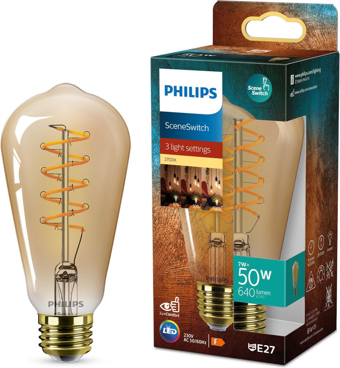 Philips led philips deco led - sceneswitch - 50w - e27 fitting - st64 edison lampvorm - amberkleurige lamp
