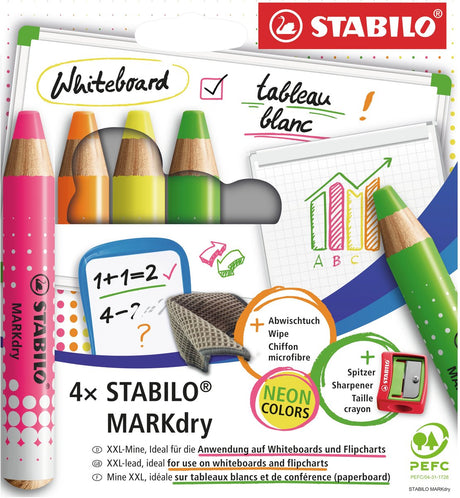 Stabilo Markdry Neon Set bestehend aus 4 Whiteboard-Stiften, Bleistiftspitzer und Reinigungstuch