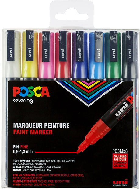 Posca Lackmarker PC-3M – 1,8–2,5 mm – Uni-Mitsubishi-Bleistift – Etui mit 8 Stück in verschiedenen Grundfarben