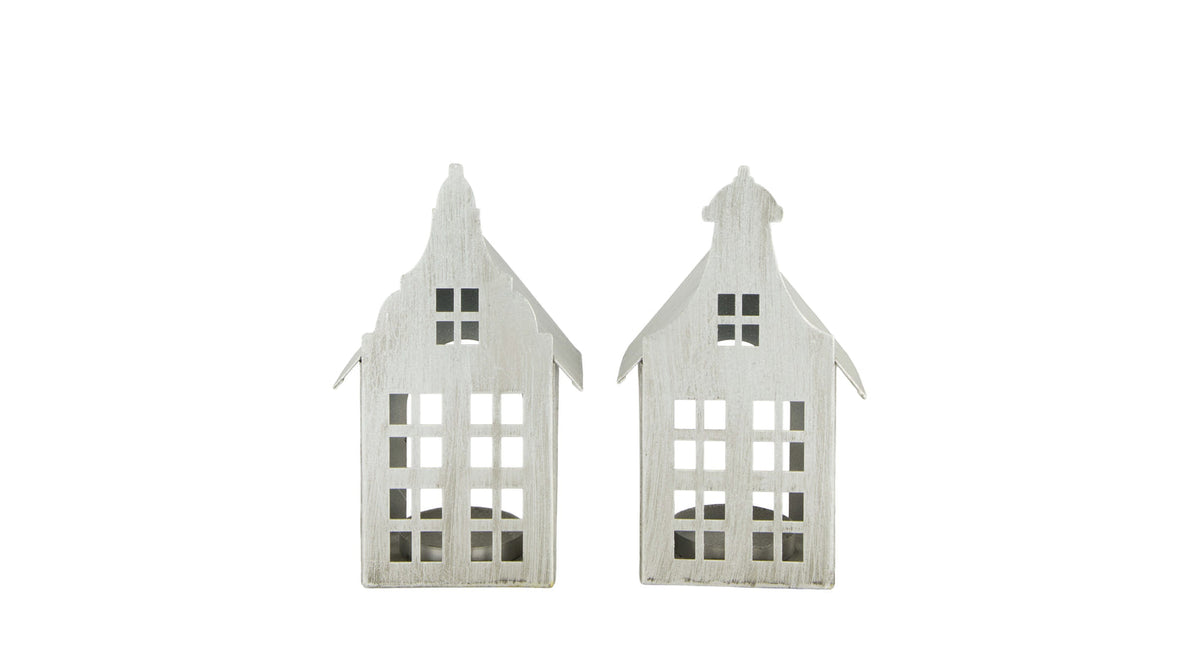 Tealight holder house metal 10x7x18cm mixed silver