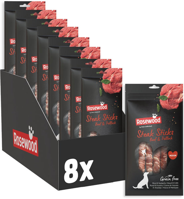 Rosewood Steak Sticks Medium Hundesnack Rind und Seelachs – Kausticks Rinderhaut – 8 x 90 g