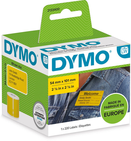 Dymo Original Labelwriter große Versandetiketten Namenskarten | 54mm x 101mm | schwarz auf gelb | Rolle mit 220 selbstklebenden Etiketten | passend für die Labelwriter-Etikettendrucker | Hergestellt in Europa