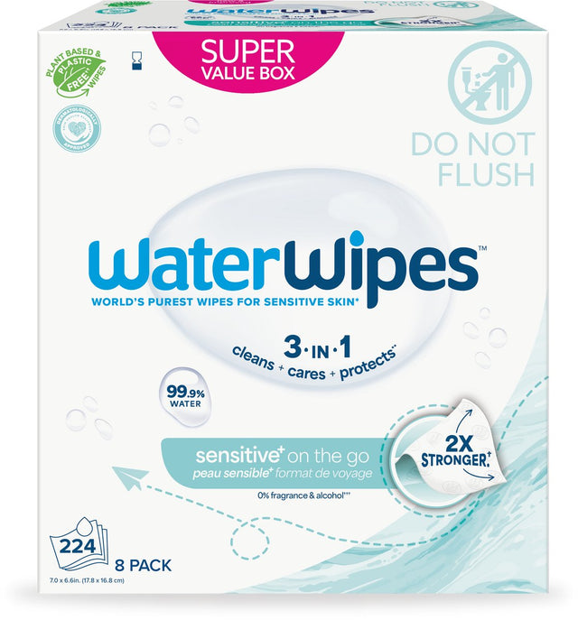 Waterwipes sensitive on the go doekjes – verfrissingsdoekjes voor onderweg – 99,9% water – voor hele lichaam – 8 x 28 stuks – 224 doekjes – voordeelverpakking