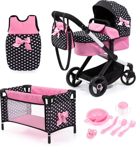 Bayer design xeo poppenwagenset, verstelbare duwstang, om te bouwen tot jogger, tas, bed, poppenaccessoires, in zwart wit roze