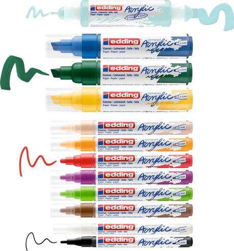 Edding Acryl-Farbmarker Starter-Set – 12 Acryl-Marker – breite Keilspitze – inklusive Farbblock