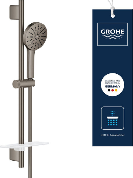 Grohe Vitalio Joy+ 120 Brauseset mit Brausestange – mit Brausekopf, Brauseschlauch-Seifenschale – 3 Strahlarten – Aqua-Booster – wassersparend (7 l min) – gebürstetes Hartgraphit