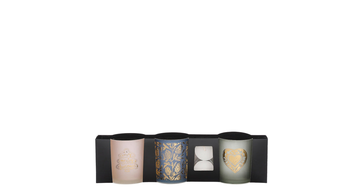 Theelicht houder off white blauw groen set van 3 incl. theelicht - h8xd7cm
