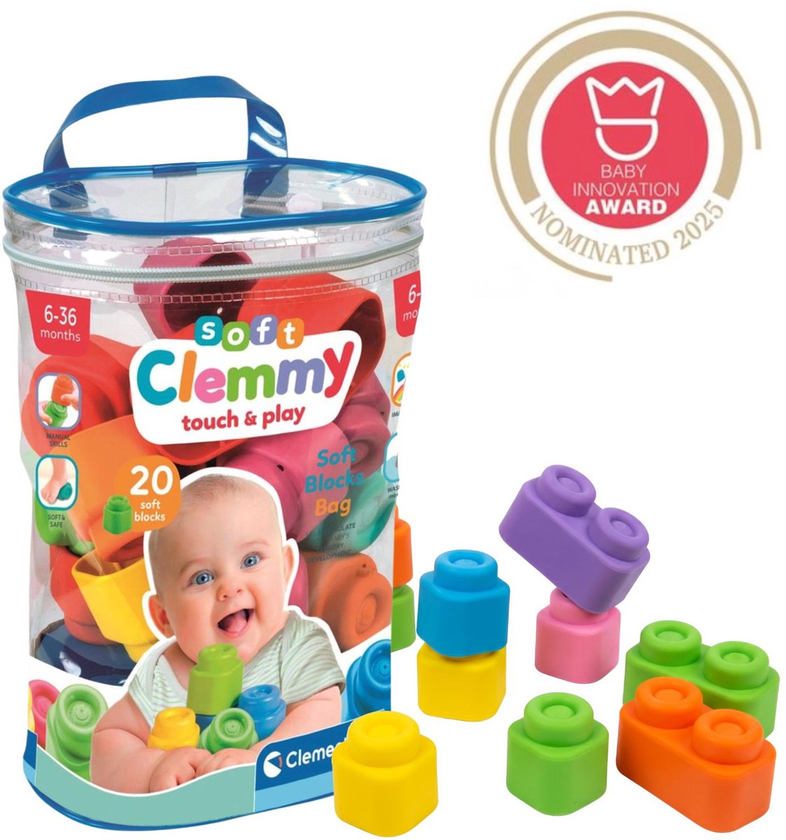 Clementoni babyweiche Clemmy-Blöcke mit Aufbewahrungstasche – 20 Stück.