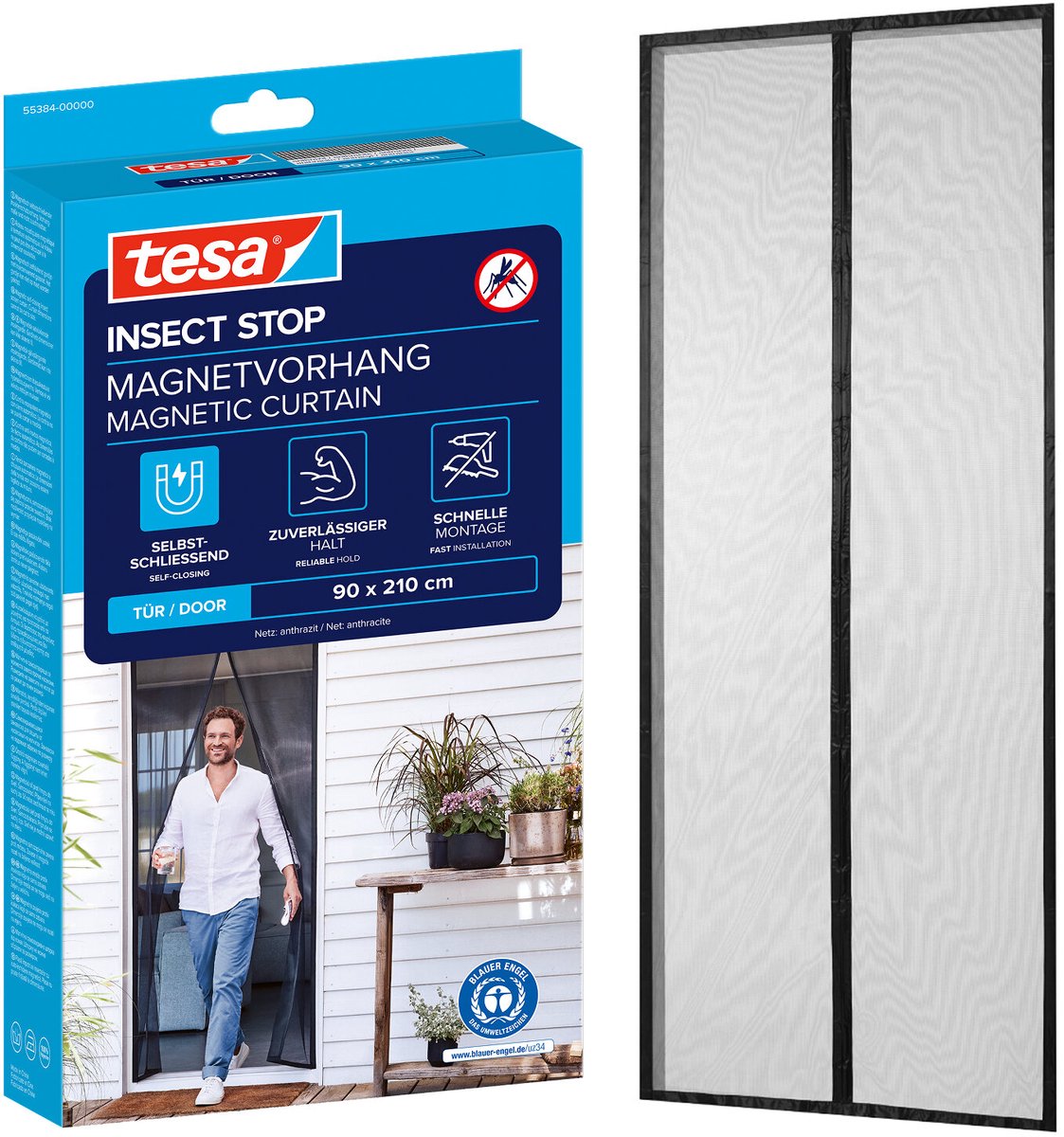 Tesa insect stop magnetic curtain - magnetisch gordijn zelfsluitend voor balkon- en terrasdeuren, zonder boren - 210 x 90 cm