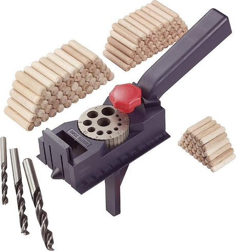 KWB Dübel Profi Dübellehre, Komplettset inklusive Zentralheizungs-Holzbohrer und Holzdübel, Universal-Bohrhilfe für gerade Löcher von ø 3 3,3, 4 4,2, 5 6 6,8, 8 10 12 mm
