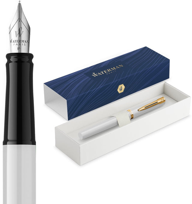 Waterman impression vulpen | medium vulpenpunt met blauwe inktvulling | witte lak met goudkleurige afwerking | geschenkdoos