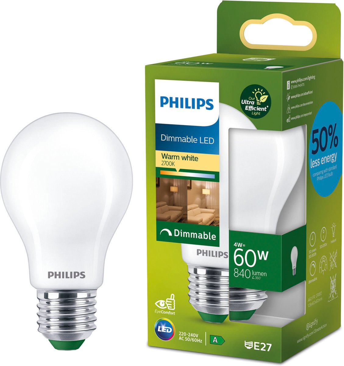 Philips led philips ultra efficient led lamp mat - 60 w - e27 - dimbaar warmwit licht - energielabel a