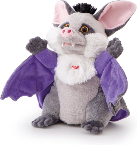 Trudi - Handpuppen Handpuppe Fledermaus 26 cm - handgefertigt in Italien - weicher Plüsch - Kuscheltier für Jungen und Mädchen - grau lila - 15x26x15 cm Größe S