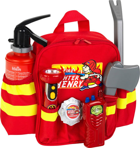 Klein Toys Feuerwehrrucksack - 28x25x8,5 cm - inkl. Zubehör, verstellbare Träger und eine große Öffnung zum einfachen Packen und Aufbewahren – rot gelb