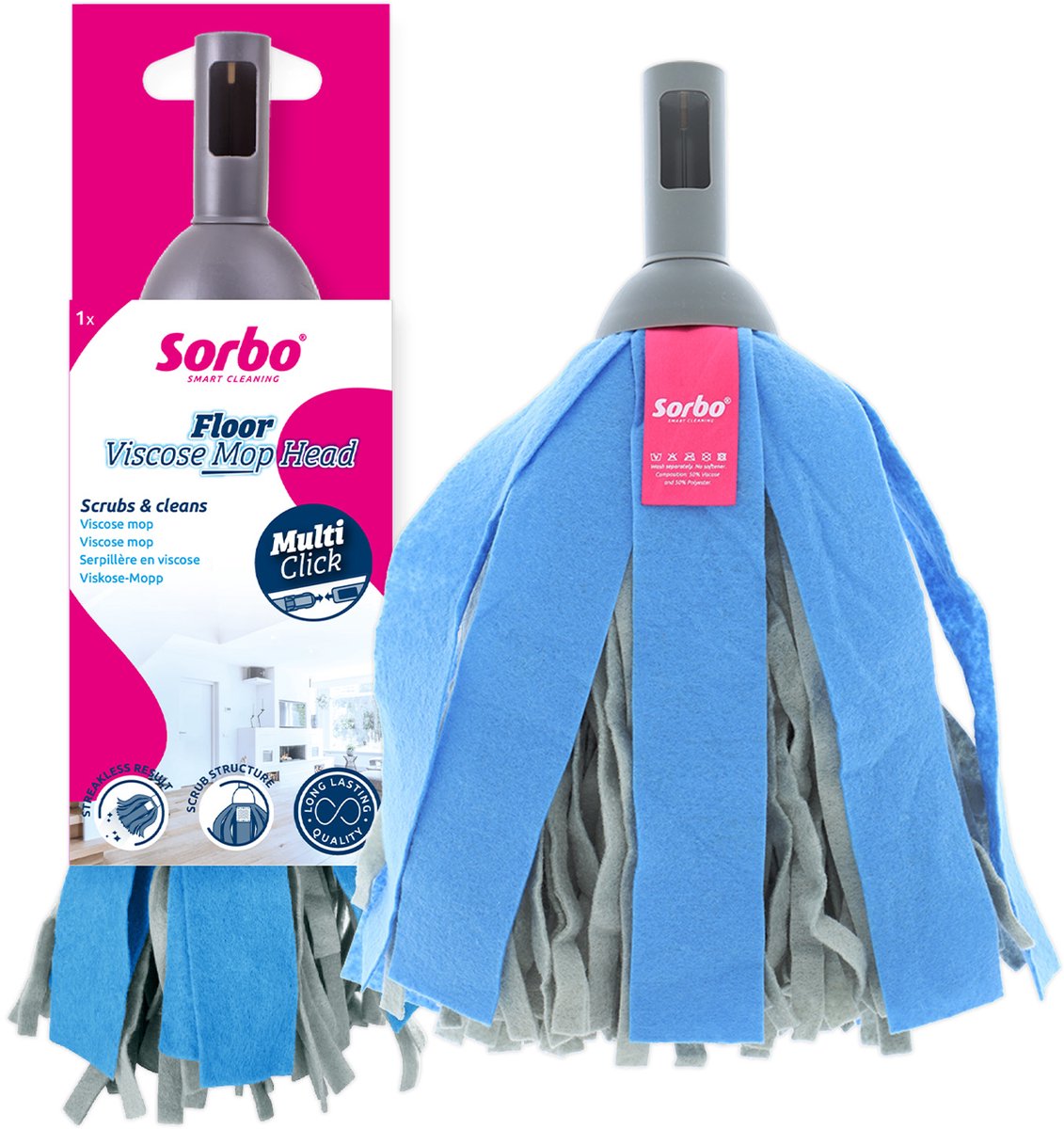 Sorbo Boden-Viskose-Moppkopf – Viskose-Moppkopf mit Scheueroberfläche – fusselfrei – Multi-Click-Linie