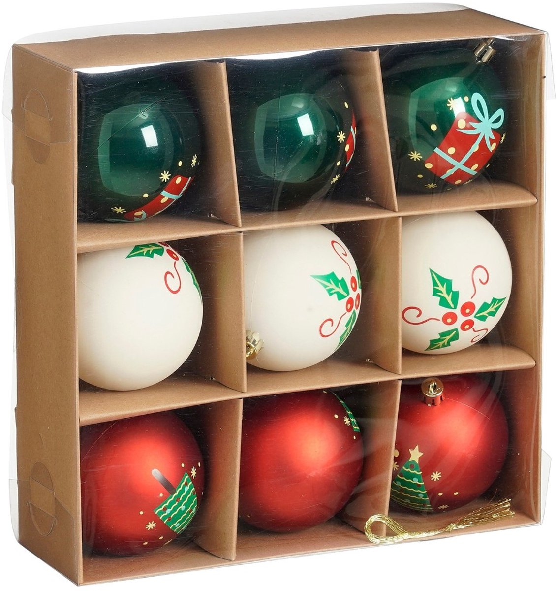 Mica decorations kerstbal onbreekbaar rood wit groen 9 stuks - d8cm - onbreekbaar - wit, rood, groen