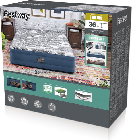 Bestway Tritech Fashion Flock Queen Luftmatratze mit integrierter Wechselstrompumpe und antimikrobieller Beschichtung, 2,03 m x 1,52 m x 36 cm