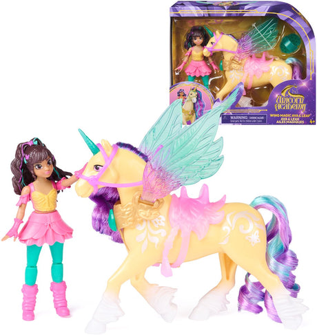 Einhorn-Akademie – Ava-Blatt mit Flügelmagie – bewegliche Puppe 11,4 cm und geflügeltes Einhorn 12,7 cm – inklusive 4 Zubehörteilen – Puppen- und Einhornspielzeug