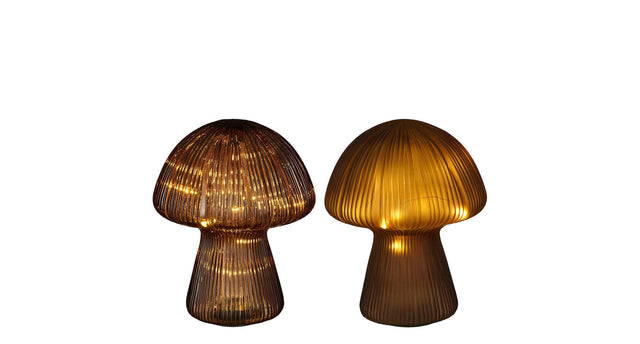 Lamp paddestoel glas bruin 2 ass 20 led battery - h25xd20cm