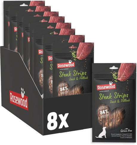 Rosewood Steakstreifen Hundesnack Ente und Seelachs – 63 % Ente – getreidefrei – fettarm – 8 x 100 g