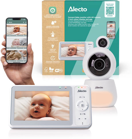 Alecto dvm2060 Dual-Mode-Babyphone mit Kamera-App – 5-Zoll-HD-Bildschirm – Full HD 1080p – Schwenk-/Neigefunktion – Nachtsicht – Gegensprechfunktion – erweiterbar auf 4 Kameras – Weiß