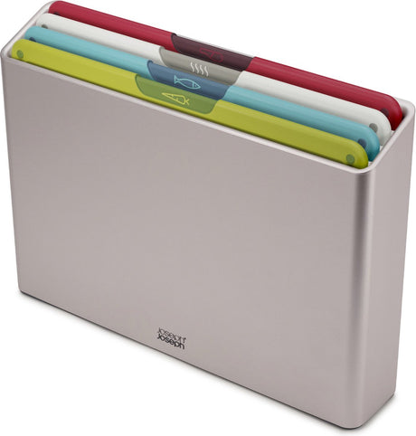 Joseph Joseph Folio™ Schneidebrettset 4-teilig – groß – mehrfarbig – farbcodiert – mit Aufbewahrungsständer – Griffe aus Edelstahl