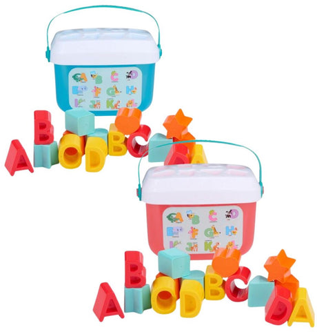 Let's Play Shape Sorter Briefkasten – Lernspiel zum Sortieren von Buchstaben und Formen – 16-teilig – inklusive praktischem Aufbewahrungseimer mit Deckel – aus Kunststoff – mehrfarbiges Spielzeug