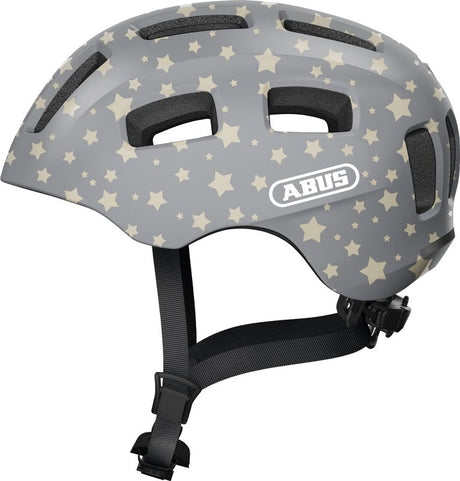 Abus Fahrradhelm youn-i 2.0 – mit Licht für Kinder, Jugendliche und junge Erwachsene – für Mädchen und Jungen – grau mit Sternenmuster, Größe S