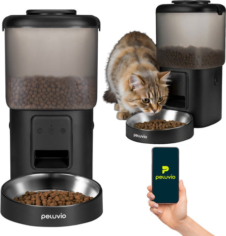 Peluvio Crispy mit App – automatischer Futternapf für Katze und Hund – 4,5 l Trockenfutter 5–15 mm – Futternapf aus Edelstahl – Batterie-Backup – Audio – Futterautomat – Futterspender
