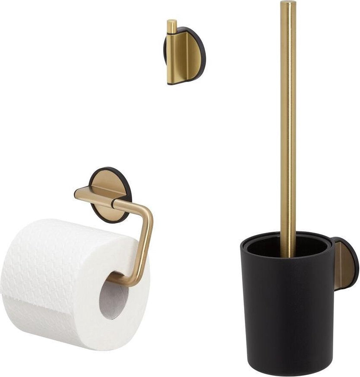 Tiger Tune - Toilettenzubehörset - Toilettenbürste mit Halter - Toilettenpapierhalter ohne Klappe - Handtuchhaken - Gold gebürstet schwarz