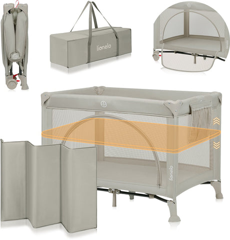 Lionelo Laura – kompaktes 3-in-1-Campingbett, Laufstall-Babybett – kompaktes Reisebett für Baby 0–36 Monate – 2 Matratzenhöhen – T25-Schaumstoffmatratze – Räder mit Bremse – Netz-Seitenteile, Seitentür – faltbar – inklusive Tragetasche-Aufbewahrungsfach