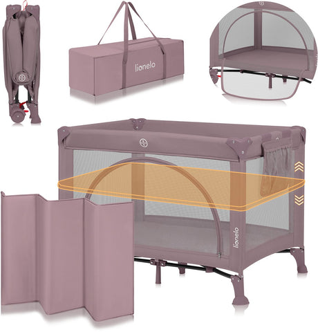 Lionelo laura - compact 3 in 1 campingbedje, box babybed - lichtgewicht - 2 hoogtes - wielen met rem - gaas zijpanelen peuter ingang - inclusief draagtas opbergzak - reisbedje