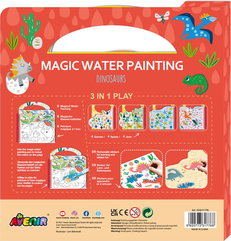 Avenir magisches Wassergemälde: Buch Dinosaurier 21,7 x 2 x 22,7 cm, 6 wiederverwendbare Seiten mit 3-in-1-Spiel, 3+