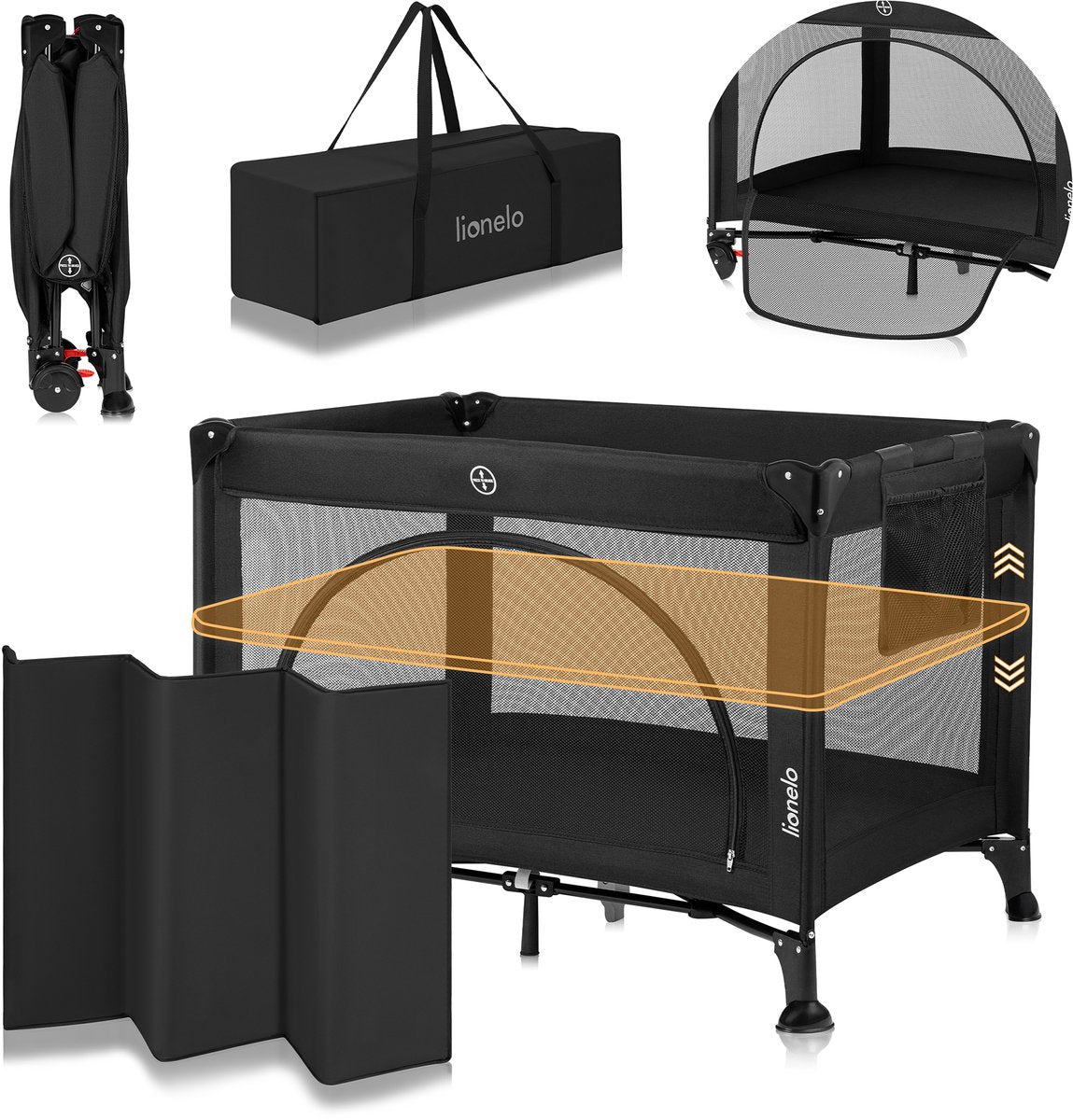 Lionelo Laura – kompaktes 3-in-1-Campingbett, Laufstall-Babybett – leicht – 2 Höhen – Räder mit Bremsen – Mesh-Seitenwände, Kleinkind-Eingang – inklusive Tragetasche, Aufbewahrungstasche – Reisebett