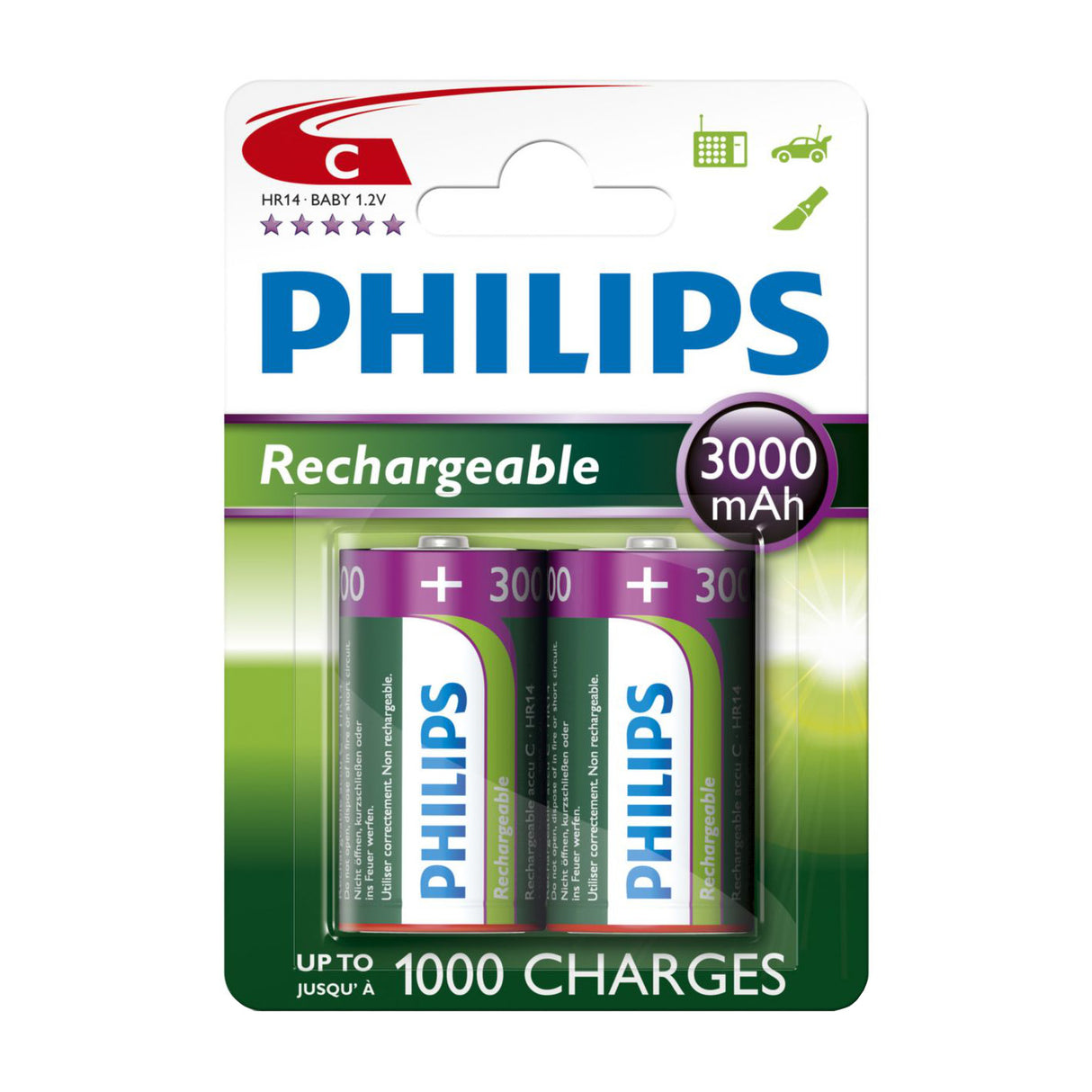 Batterieverkauf Europa wiederaufladbare Batterien Philips wiederaufladbar NiMH C HR14 3000 mAh, 2 Stk.