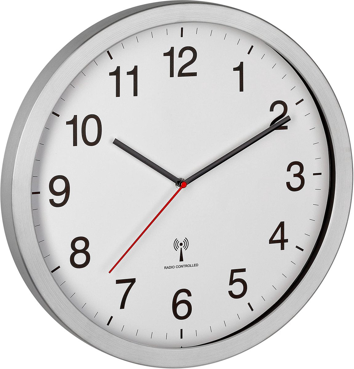 TFA Dostmann Zeitsignalgesteuerte Wanduhr XL, mit Metallrahmen und weißem Zifferblatt