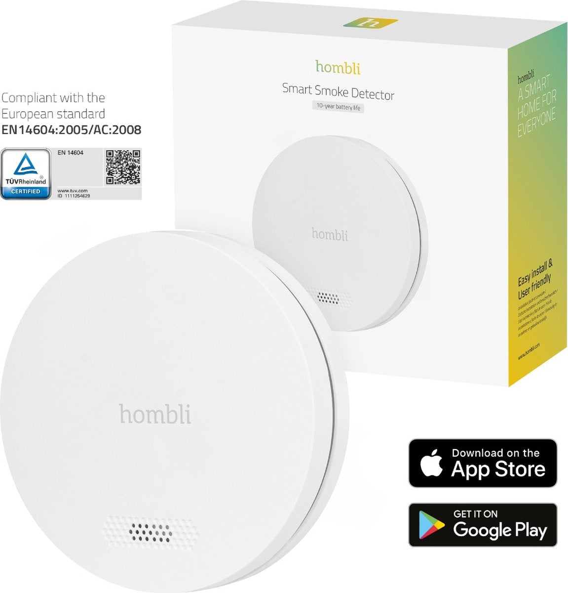 Hombli slimme rookmelder met magneet - brandmelder - 10 jaar batterij - 85db - app mobiele meldingen - eenvoudige installatie - 1 stuk - wit